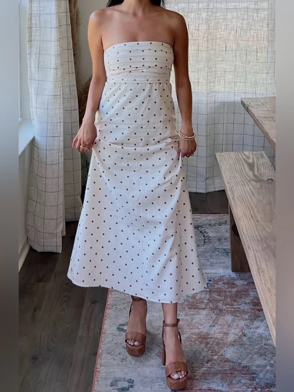 Abercrombie & Fitch Emerson Strapless Linen Midi Polka Dot Dress Sz XL